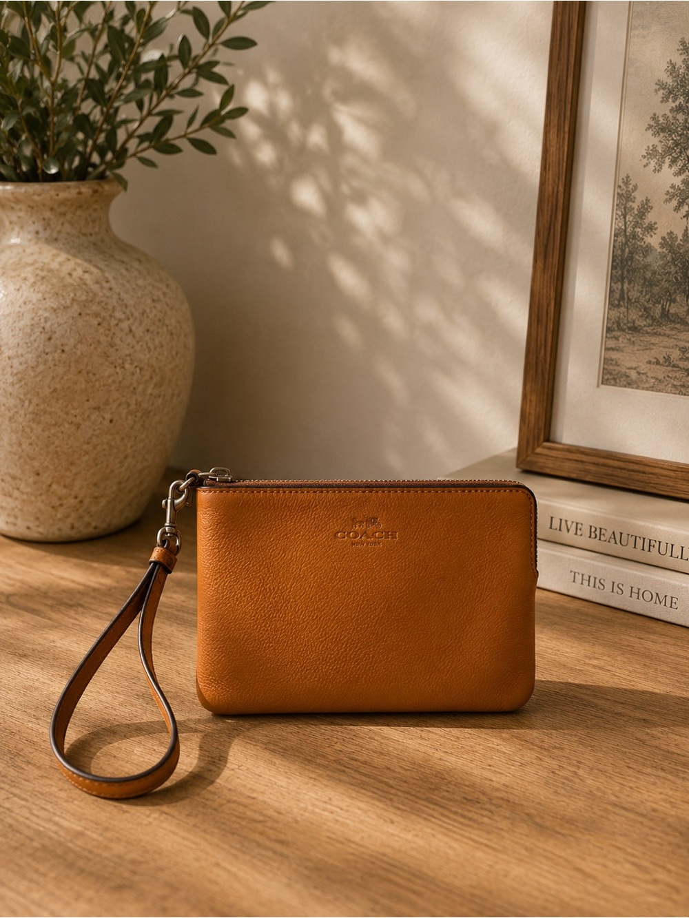 Coach Orange Crossgrain Leather Wristlet Pouch Zip Top Clutch Authentic